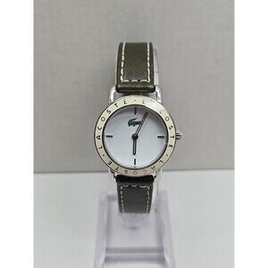 Lacoste Womens Watch White Dial Green Leather Strap Silver Tone New Battery